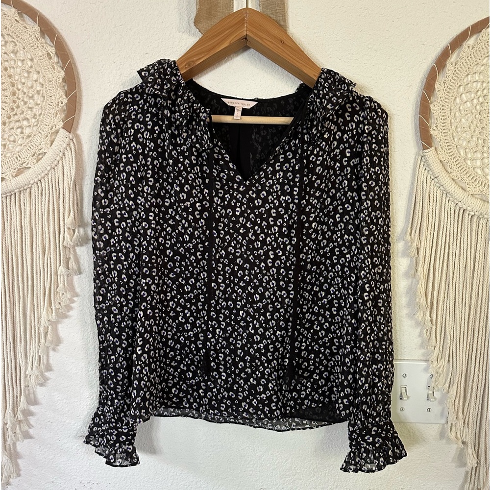 Rebecca Taylor black blue and white floral print silk blend lined blouse size 2
